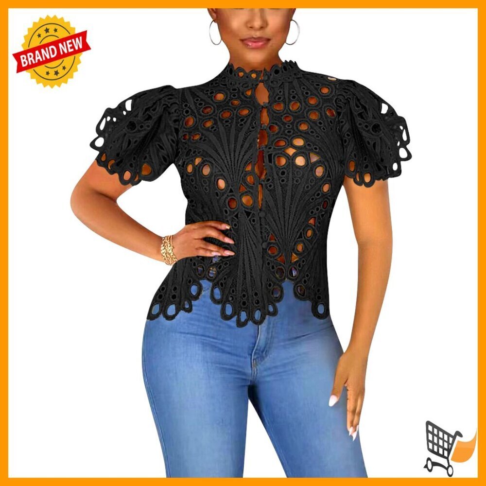 Lace Ruffle Long Sleeve Tunic V Neck Hollow Out Button Down Blouse Sexy